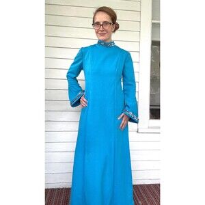 60s Mod Blue Dress Bell Sleeve Long Polyester Gown Vintage S